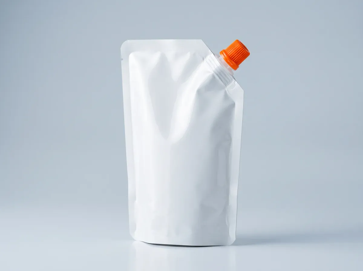 Saco doypack branco com bico laranja no canto