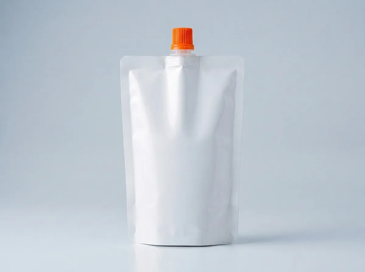 Saco doypack branco com bico laranja ao centro no topo