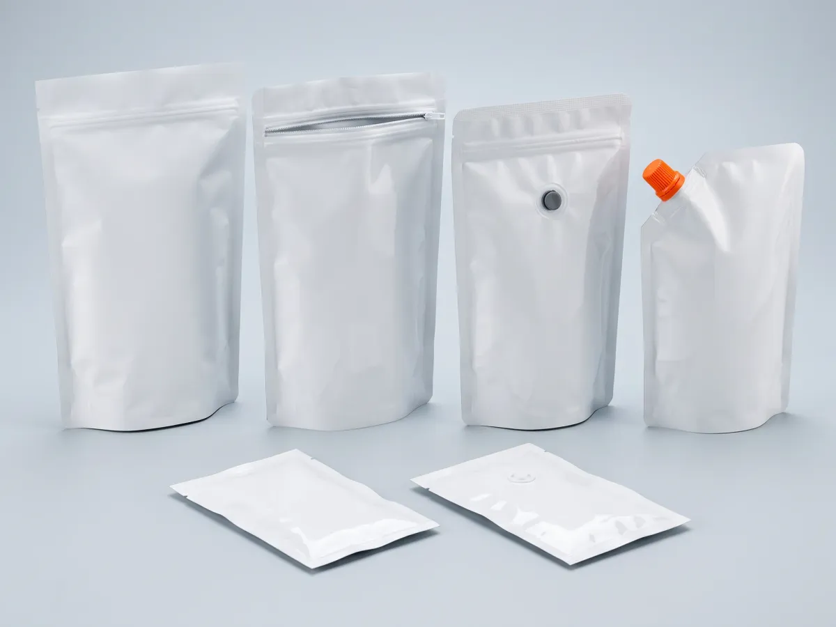 Sacos doypack sem impressão com zipper, bico e válvula e saquetas de 3 soldaduras