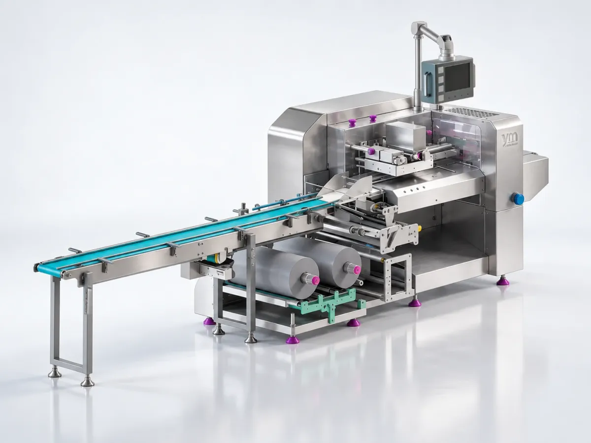 Emballeuse flowpack inversée 600i de YM Packaging, avec tapis de chargement et bobines de film en partie basse