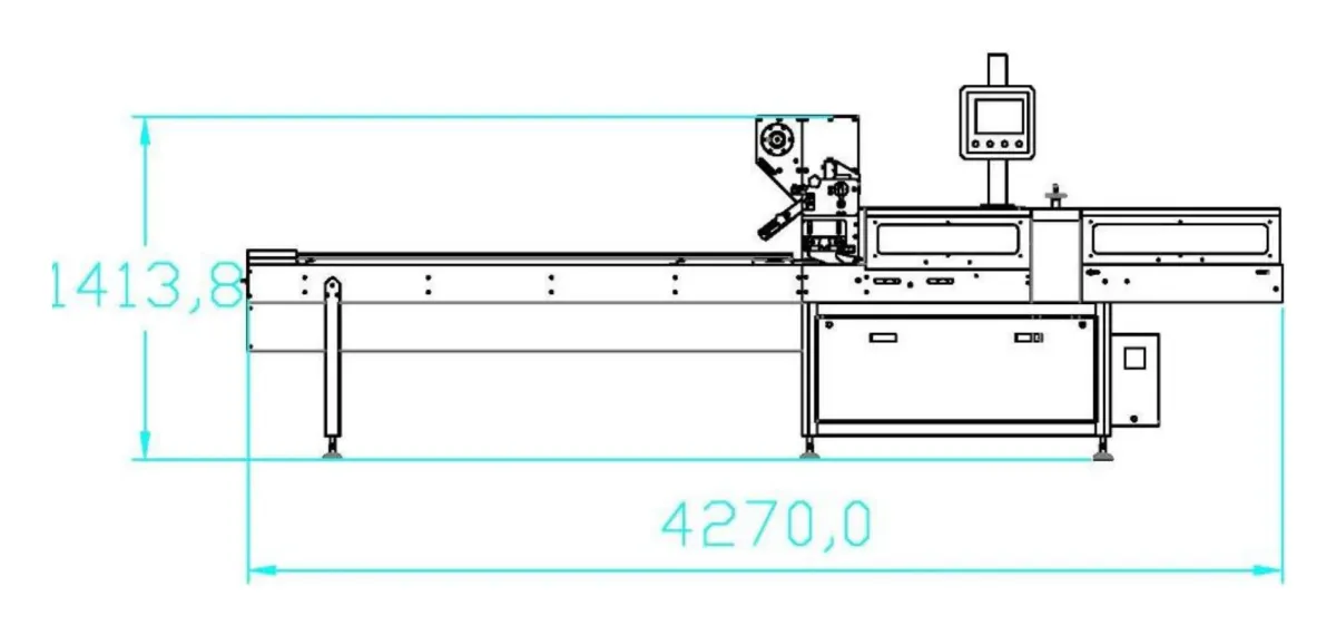 Front elevation of the FP600S servo flow wrapping machine, with its dimensions