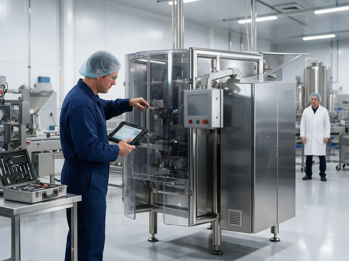 Técnico de YM Packaging ajustando una envasadora vertical VXC con una tableta de diagnóstico