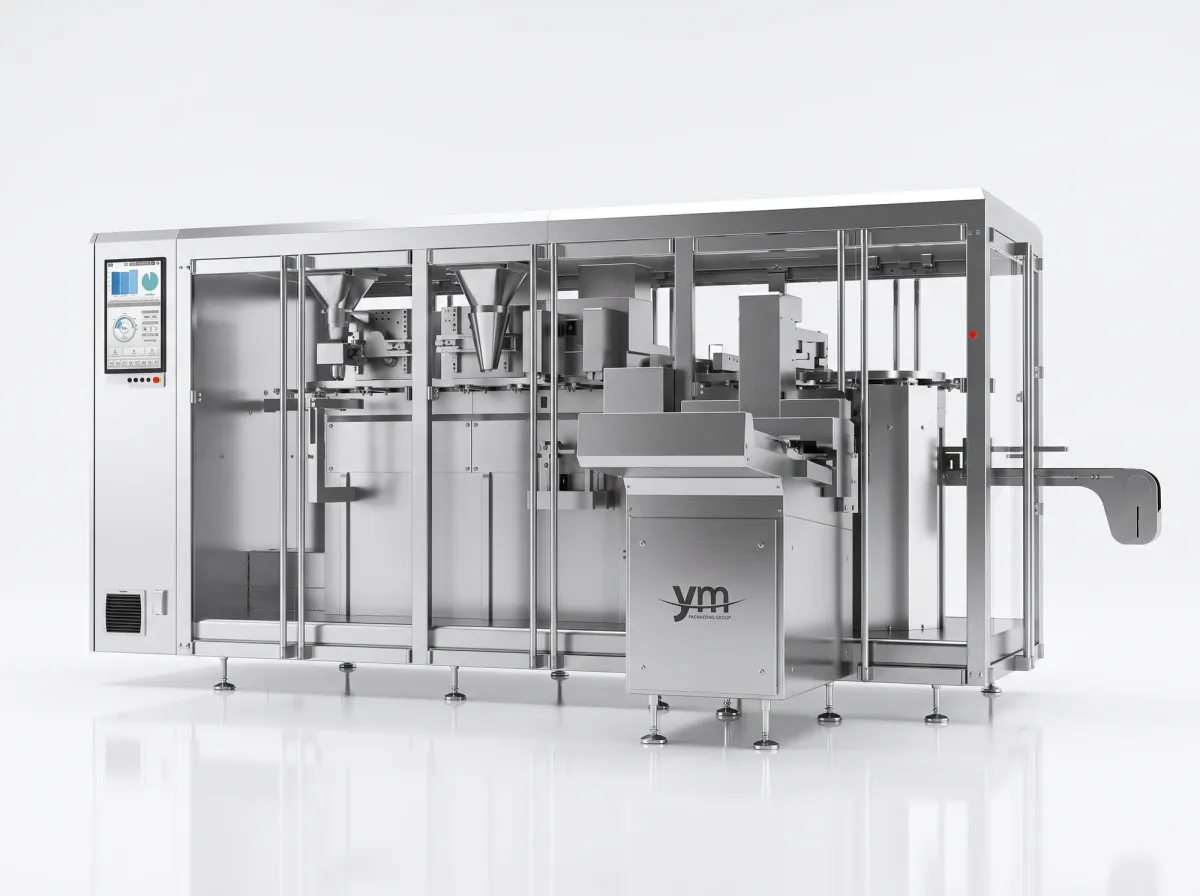 YM Packaging EPX 210 premade pouch horizontal packaging machine, compact, in stainless steel with pouch magazine