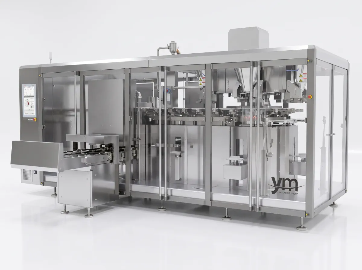 YM Packaging EPX 430 H horizontal packaging machine for large-format premade pouches, in stainless steel with transparent doors