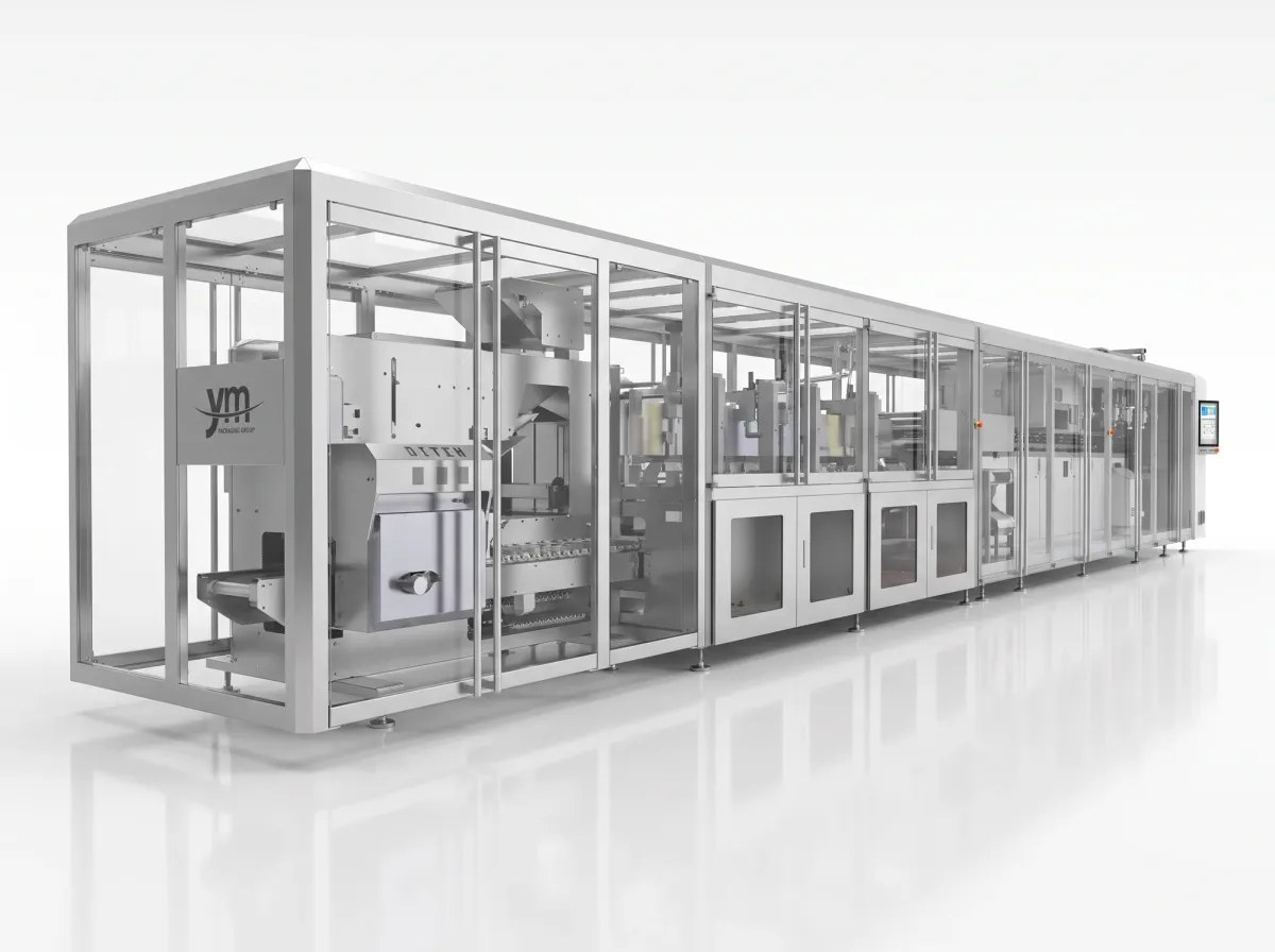 YM Packaging HFX 320 C horizontal packaging machine for large bags, a stainless steel line with transparent doors