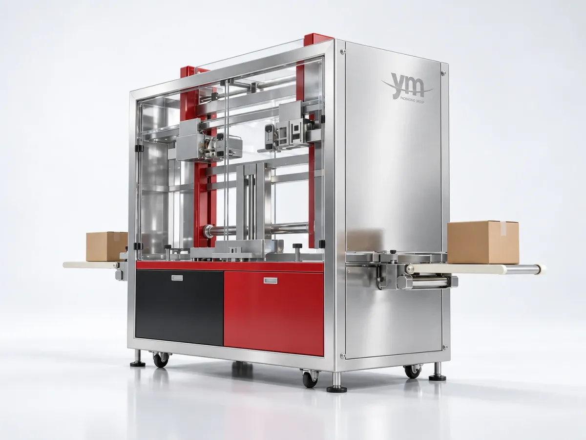 Machine d’insertion de sacs IB de YM Packaging avec bobine de film plastique, tête d’insertion et rouleaux de sortie