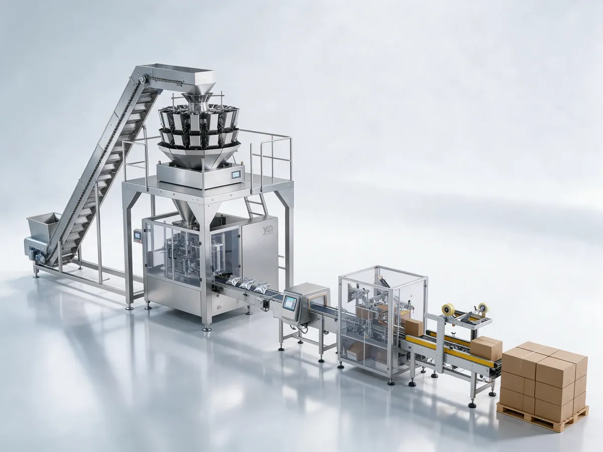 Complete packaging line: elevator, multihead weigher, vertical bagger, checkweigher, case packing and palletising