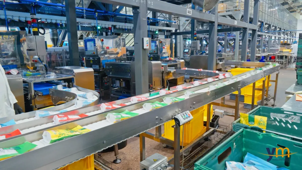 Cintas de transporte con bolsas de snacks de varios sabores en una línea de envasado automatizada de YM Packaging