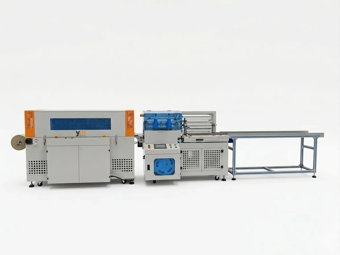 YM Packaging automatic shrink wrapping machine with shrink tunnel, film wrapping unit and infeed conveyor