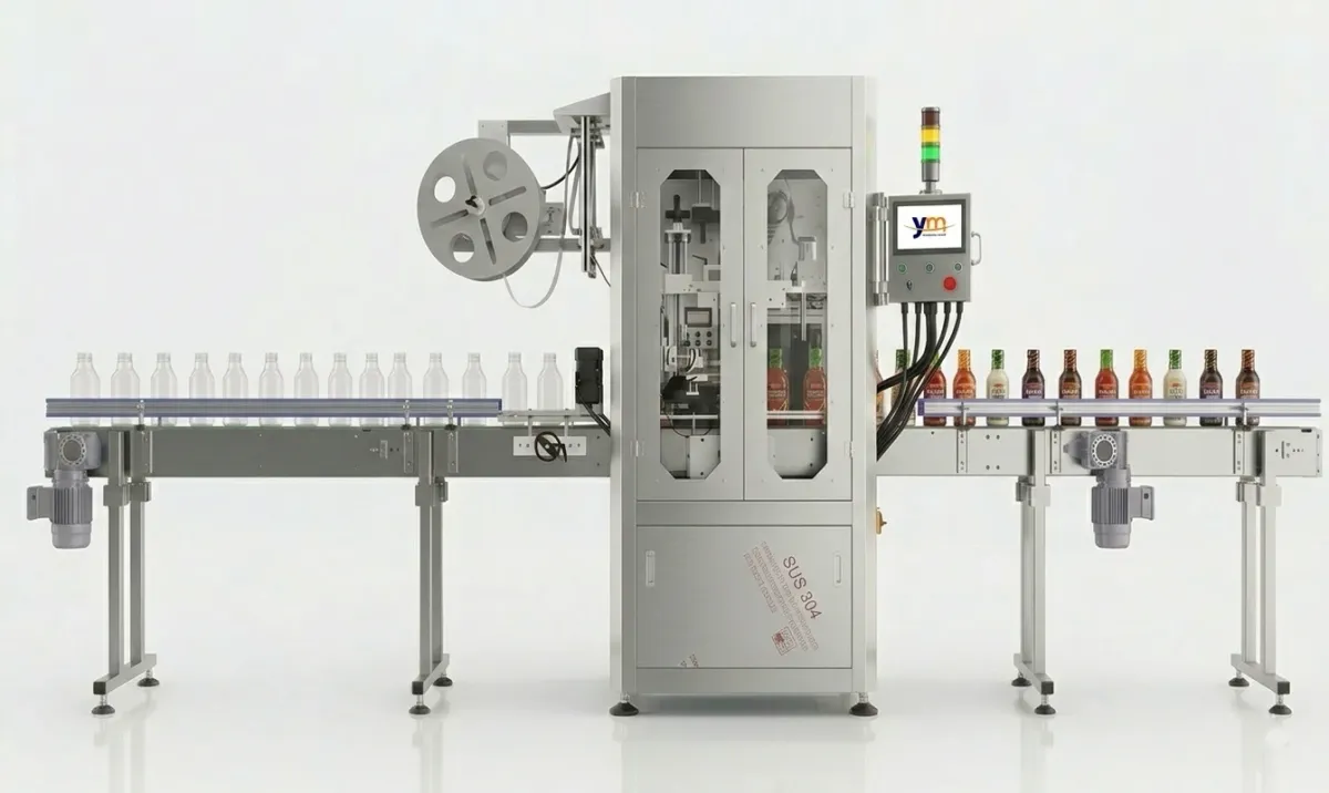 Machine de manchonnage en film souple de YM Packaging posant des manchons sur des pots de sauce sur le convoyeur