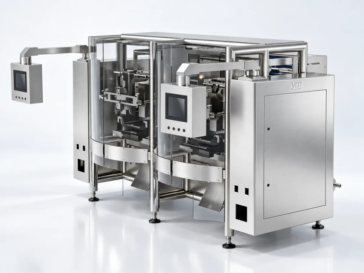 Ensacheuse verticale TWIN de YM Packaging avec deux tubes de formage sur un même châssis